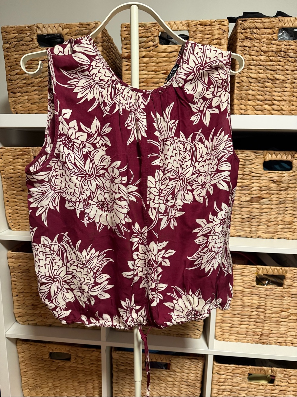 J Crew Sleeveless Floral Drawstring Hem Top - Burgundy and Cream